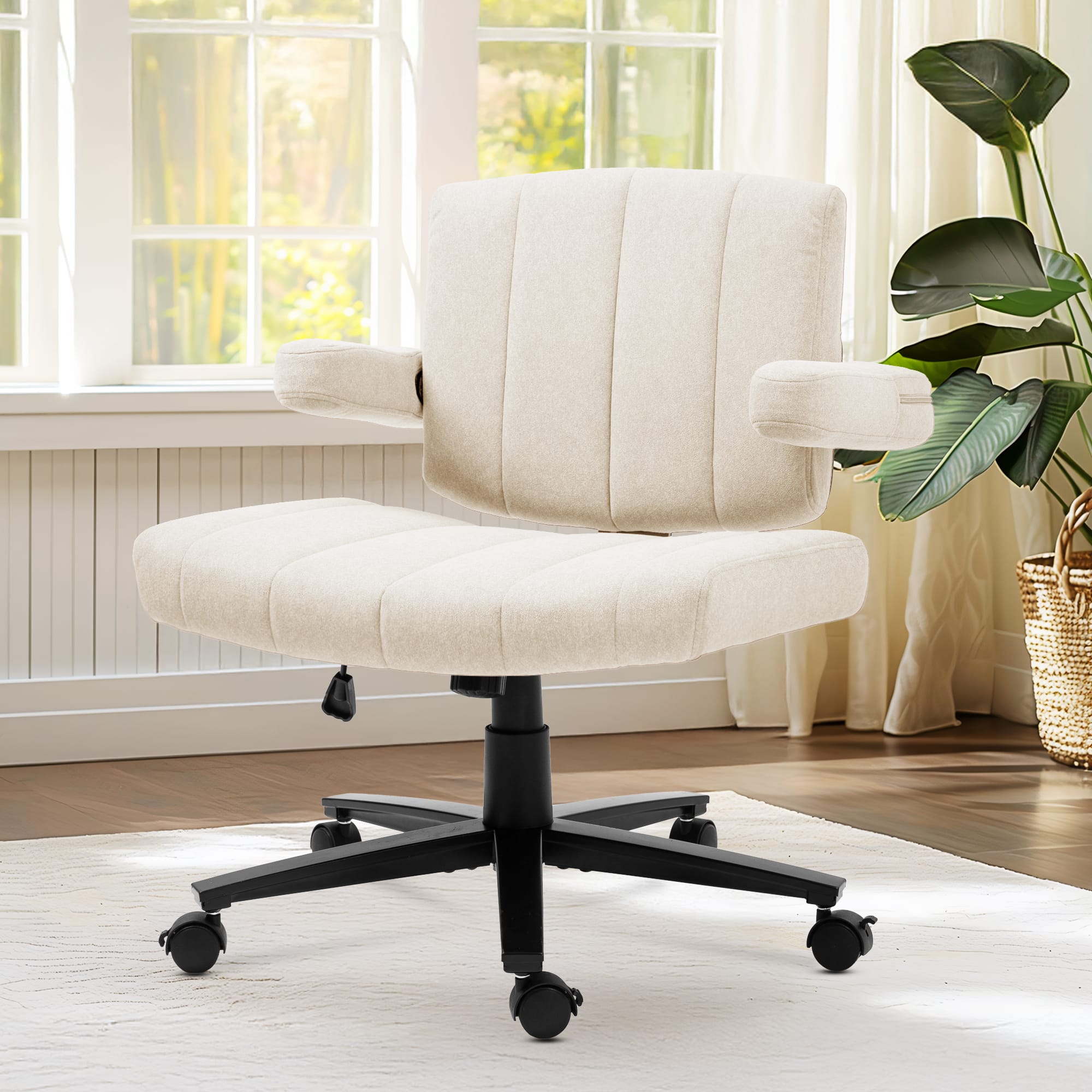PexFix - Ergonomic Office Chair with Flip-Up Arms, Space-Saving Cross Base, Wide Seat for Home & Office Desk - White