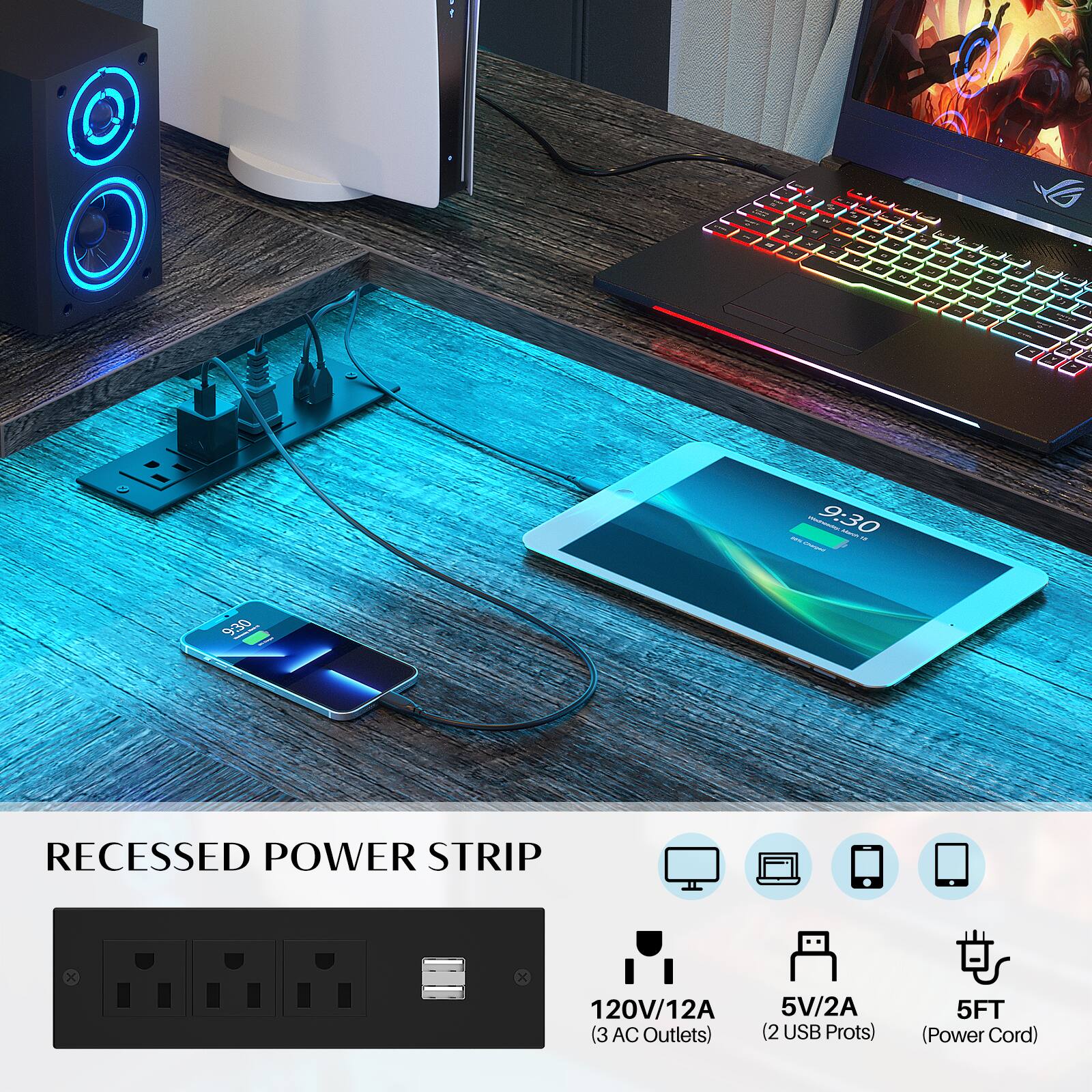 RECESSED POWER STRIP

- 120V/12A (3 AC Outlets)
- 5V/2A (2 USB Ports)
- 5FT (Power Cord)