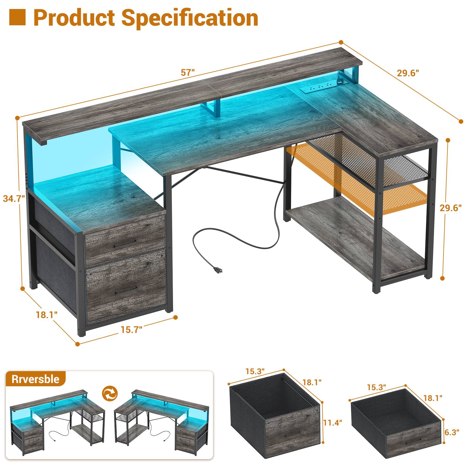Product Specification

- 57"
- 29.6"
- 34.7"
- 29.6"
- 18.1"
- 15.7"
- 15.3"
- 18.1"
- 15.3"
- 18.1"
- 11.4"
- 6.3"

Rrversible