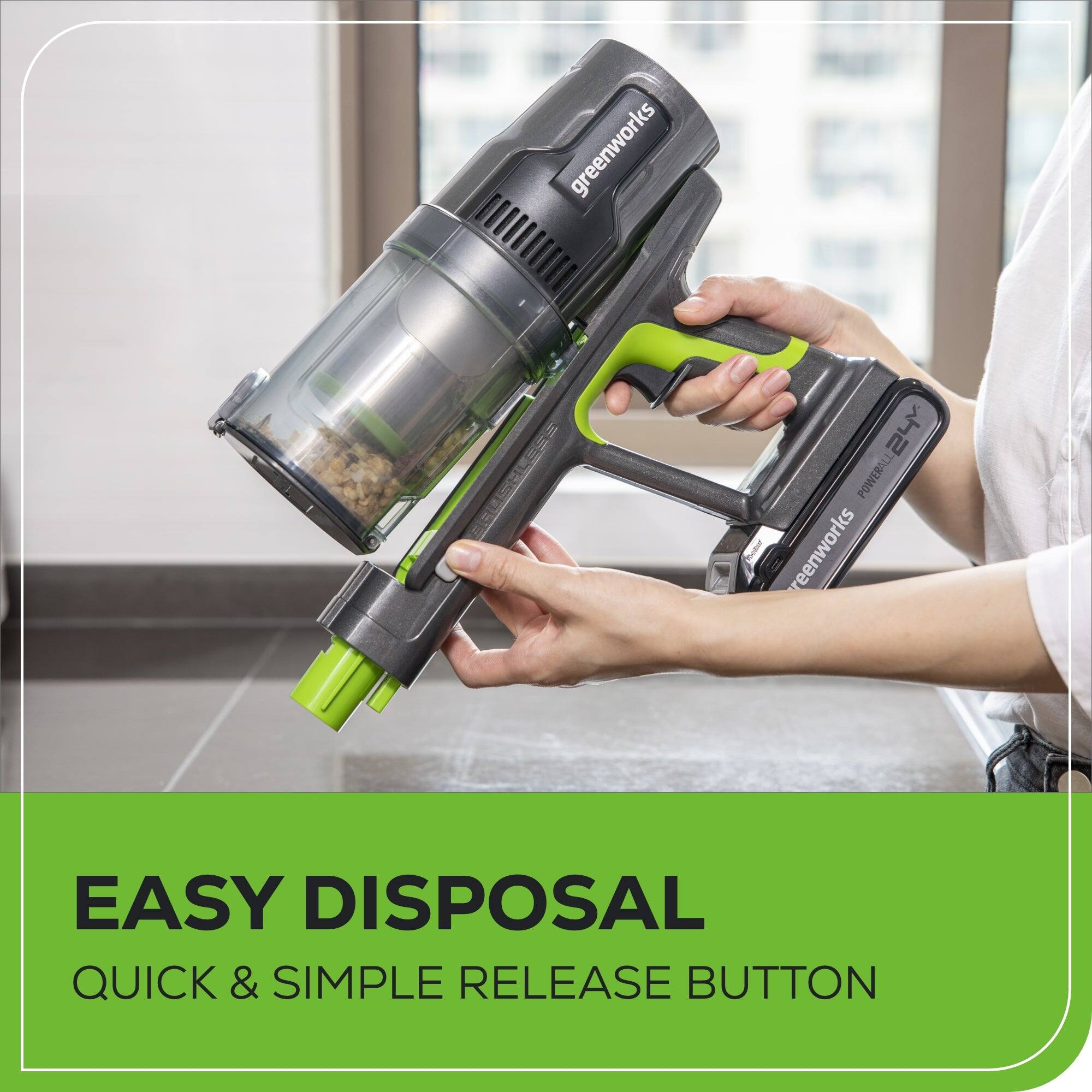 The text on the image is grouped and corrected as follows:

"Greenworks 24Y POWERALL EASY DISPOSAL QUICK & SIMPLE RELEASE BUTTON"