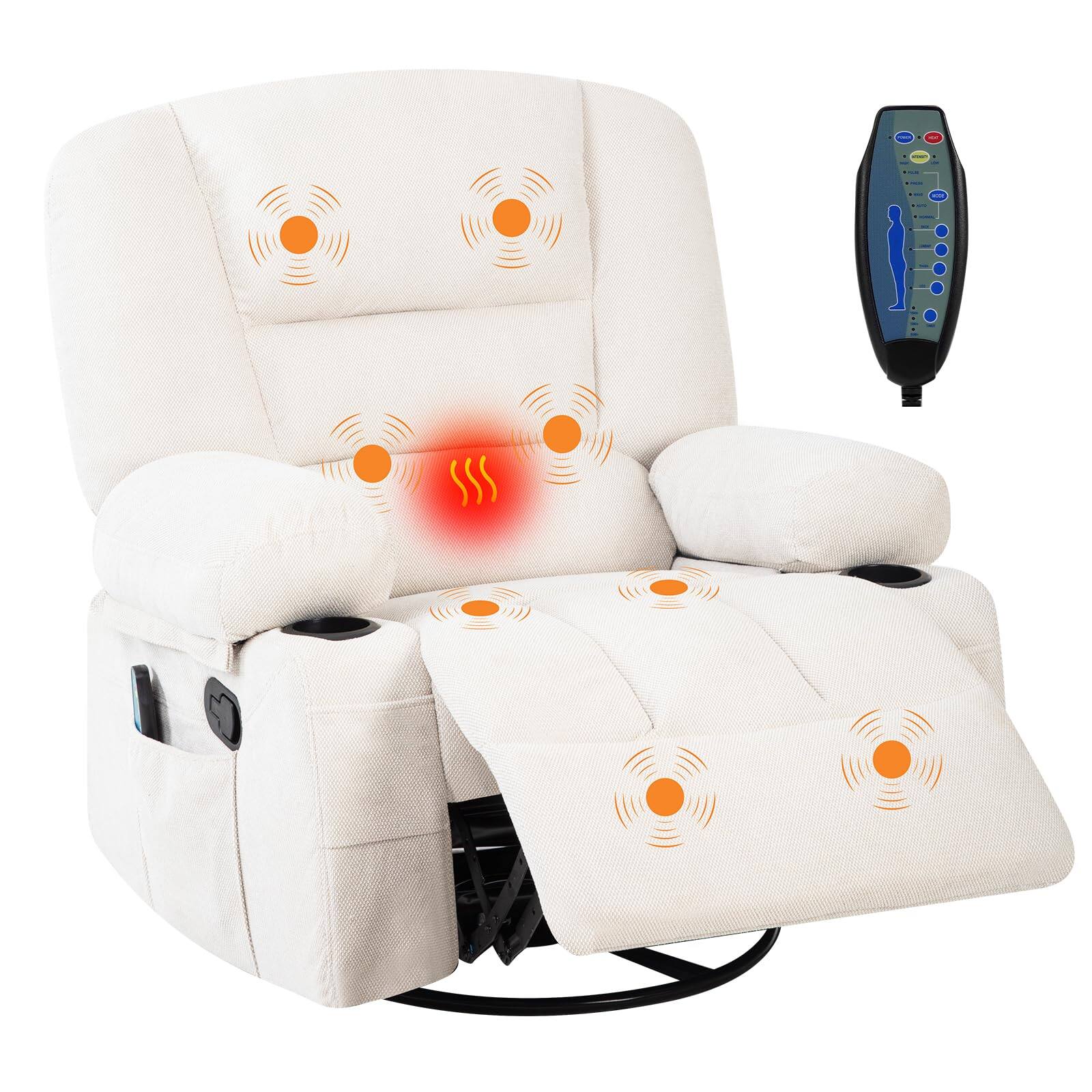 Front. Babevy - 360° Swivel Recliner Chairs with Massage & Heat, Side Pockets Cup Holders - White.