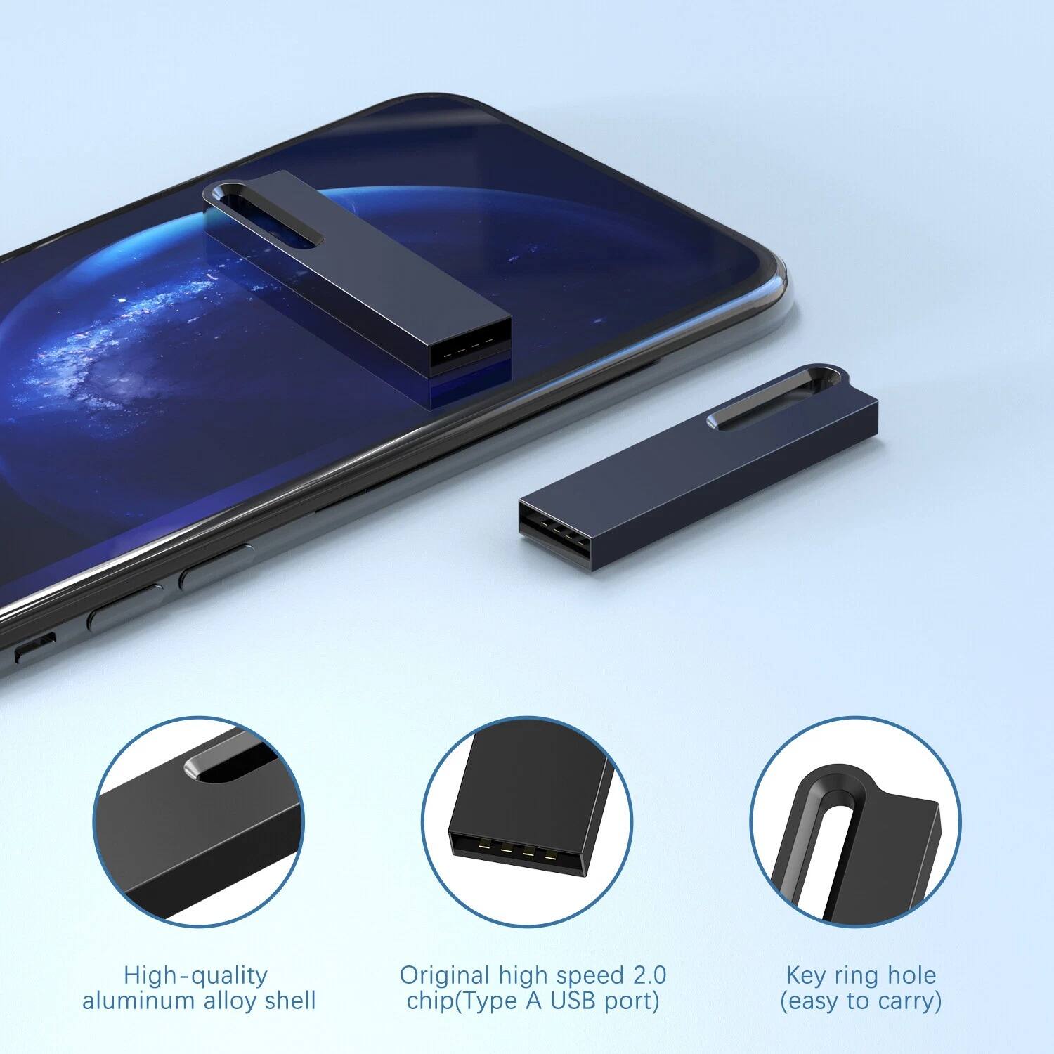 - High-quality aluminum alloy shell
- Original high-speed 2.0 chip (Type A USB port)
- Key ring hole (easy to carry)