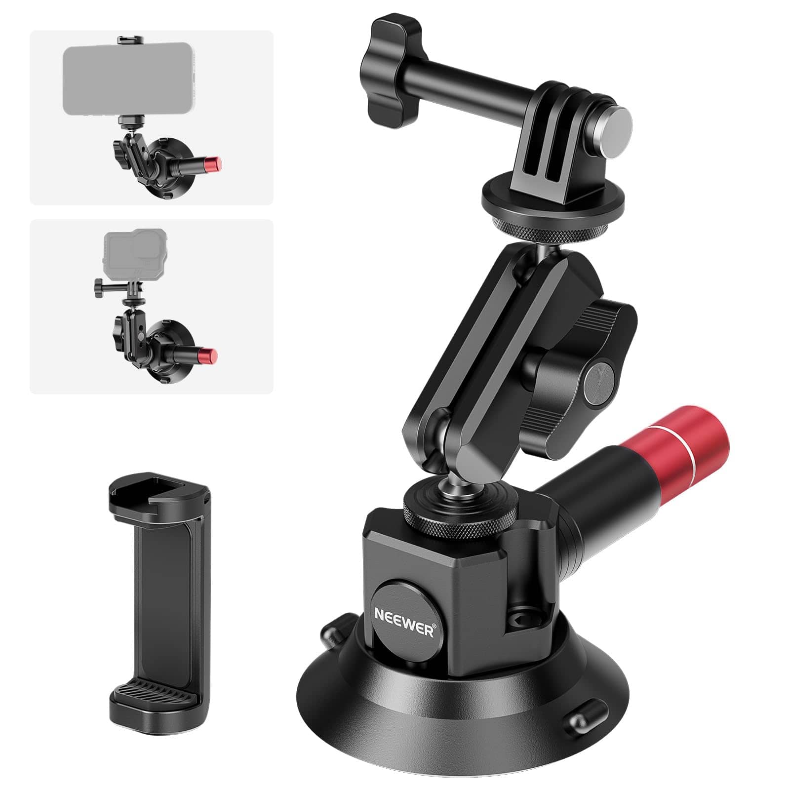 Neewer - Suction Cup Car Mount with Magic Arm - Phone & Action Camera Bracket for iPhone, DJI, Insta360