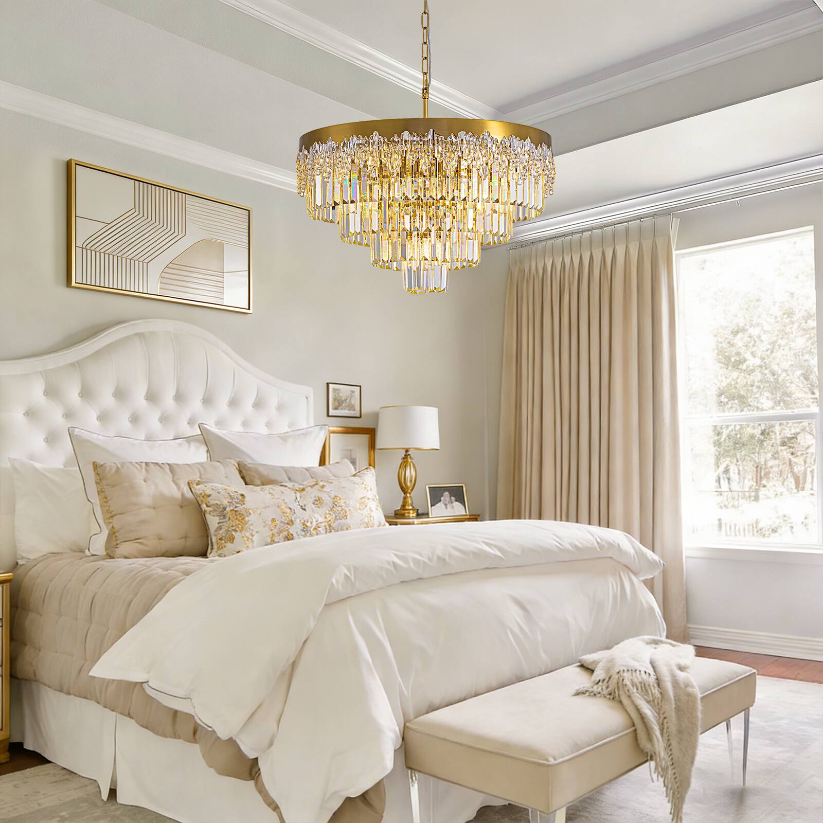 Alt View 2. Siljoy - 24 Inch Modern Tiered Crystal Chandelier, Glacier Textured Round Gold Pendant Light for Dining Room Living Room Foyer - GOLD.