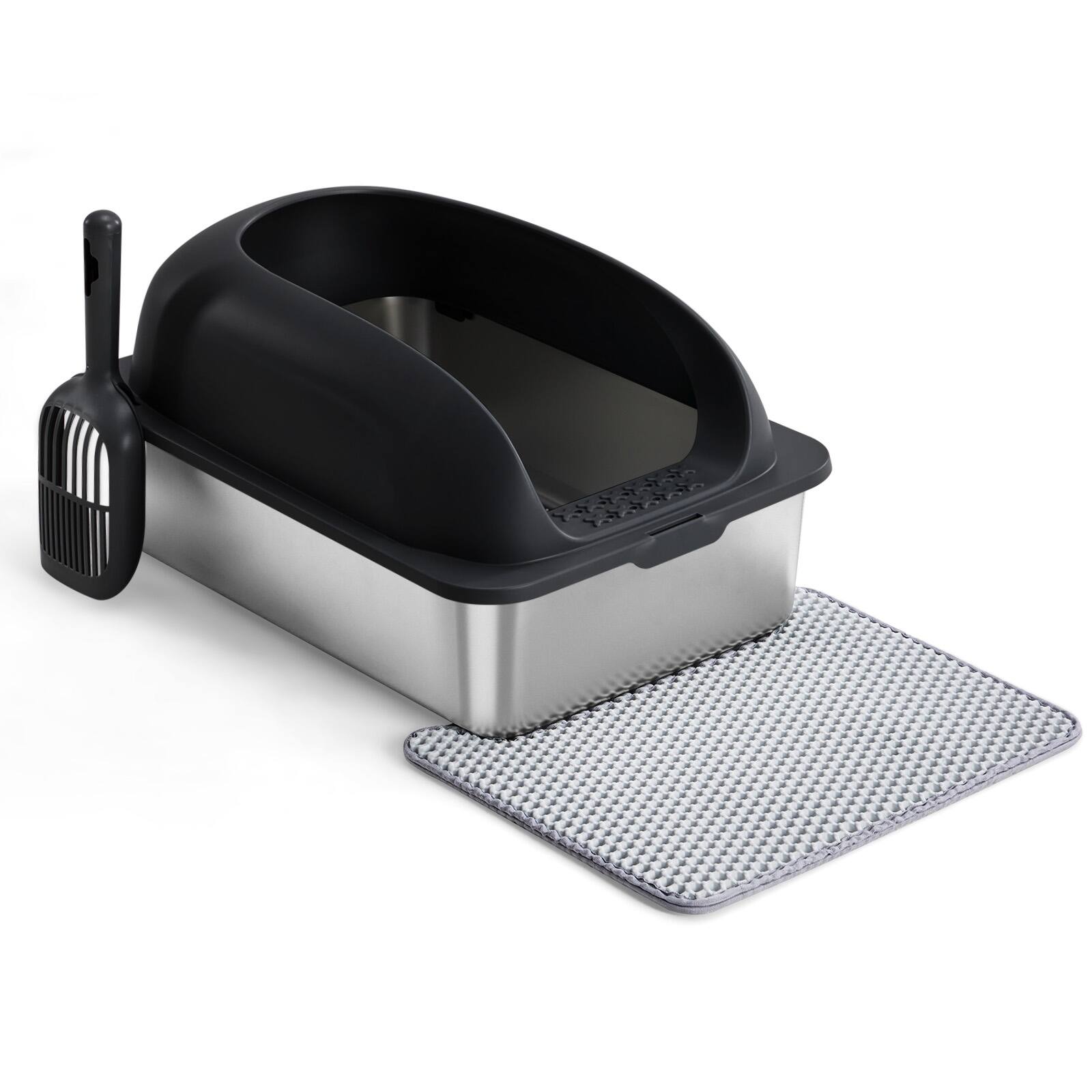 Angle. AENKYO - Large Stainless Steel Cat Litter Box with Lid Scoop and Mat Included - Black.
