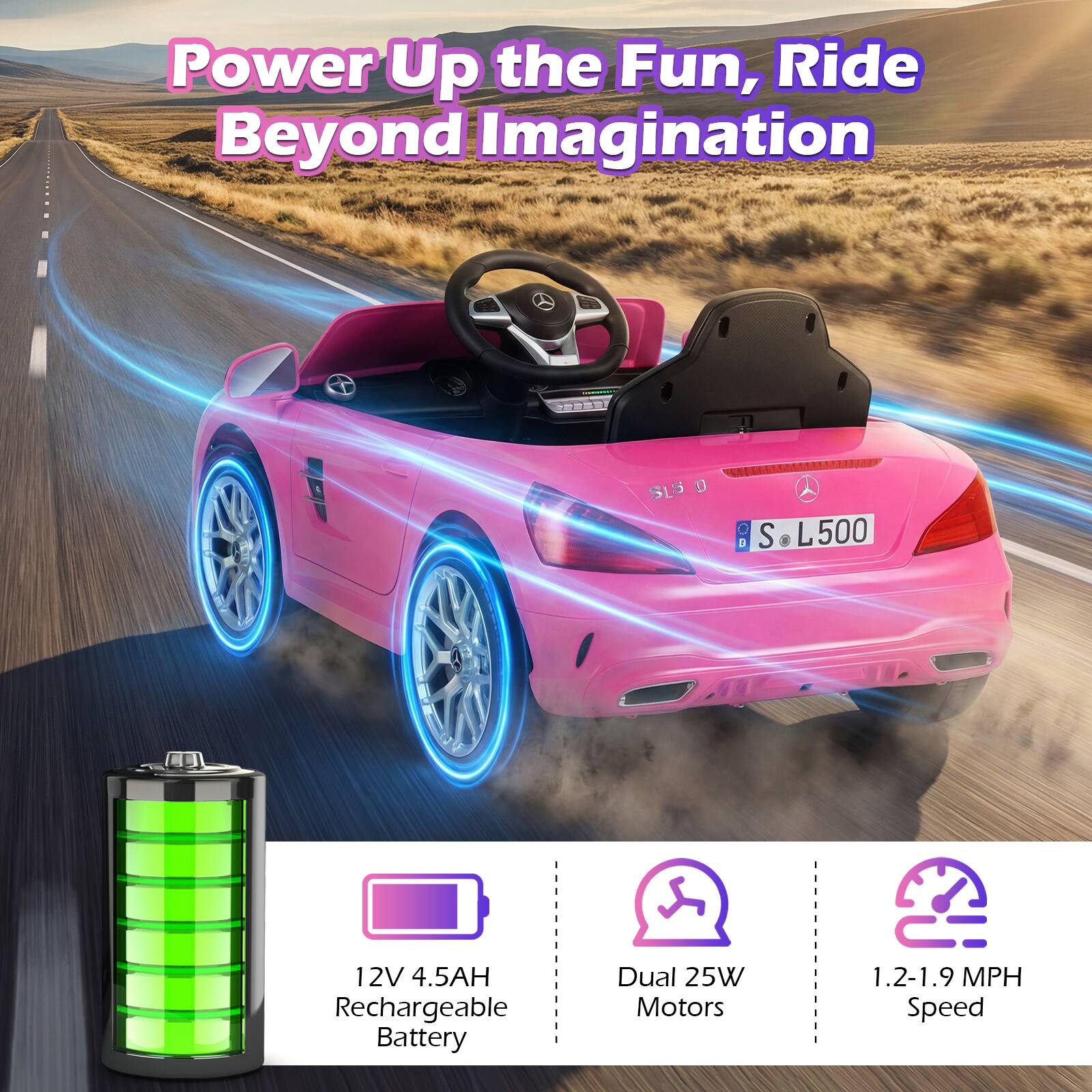 Power Up the Fun, Ride Beyond Imagination

SLS 0 O S L500

12V 4.5AH Rechargeable Battery

Dual 25W Motors

1.2-1.9 MPH Speed