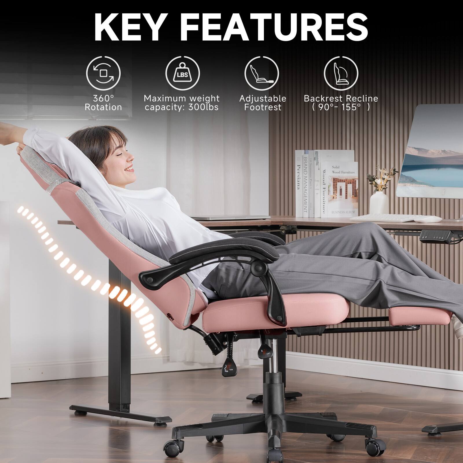 KEY FEATURES

- 360° Rotation
- Maximum weight capacity: 300lbs
- Adjustable Footrest
- Backrest Recline (90° - 155°)