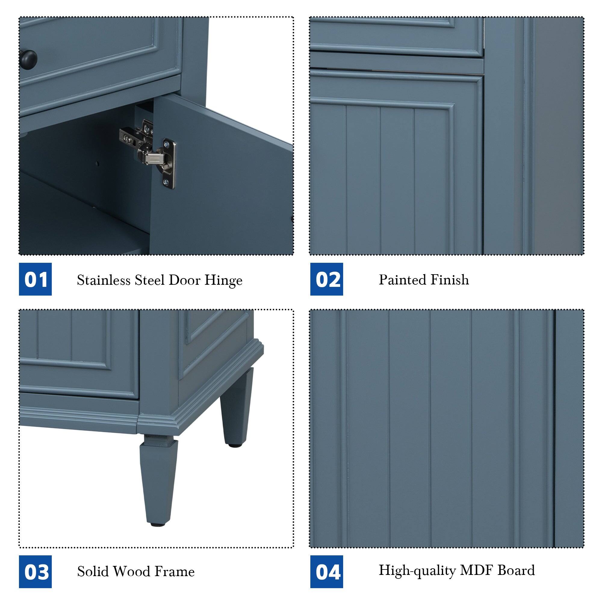 01 Stainless Steel Door Hinge  
02 Painted Finish  
03 Solid Wood Frame  
04 High-quality MDF Board