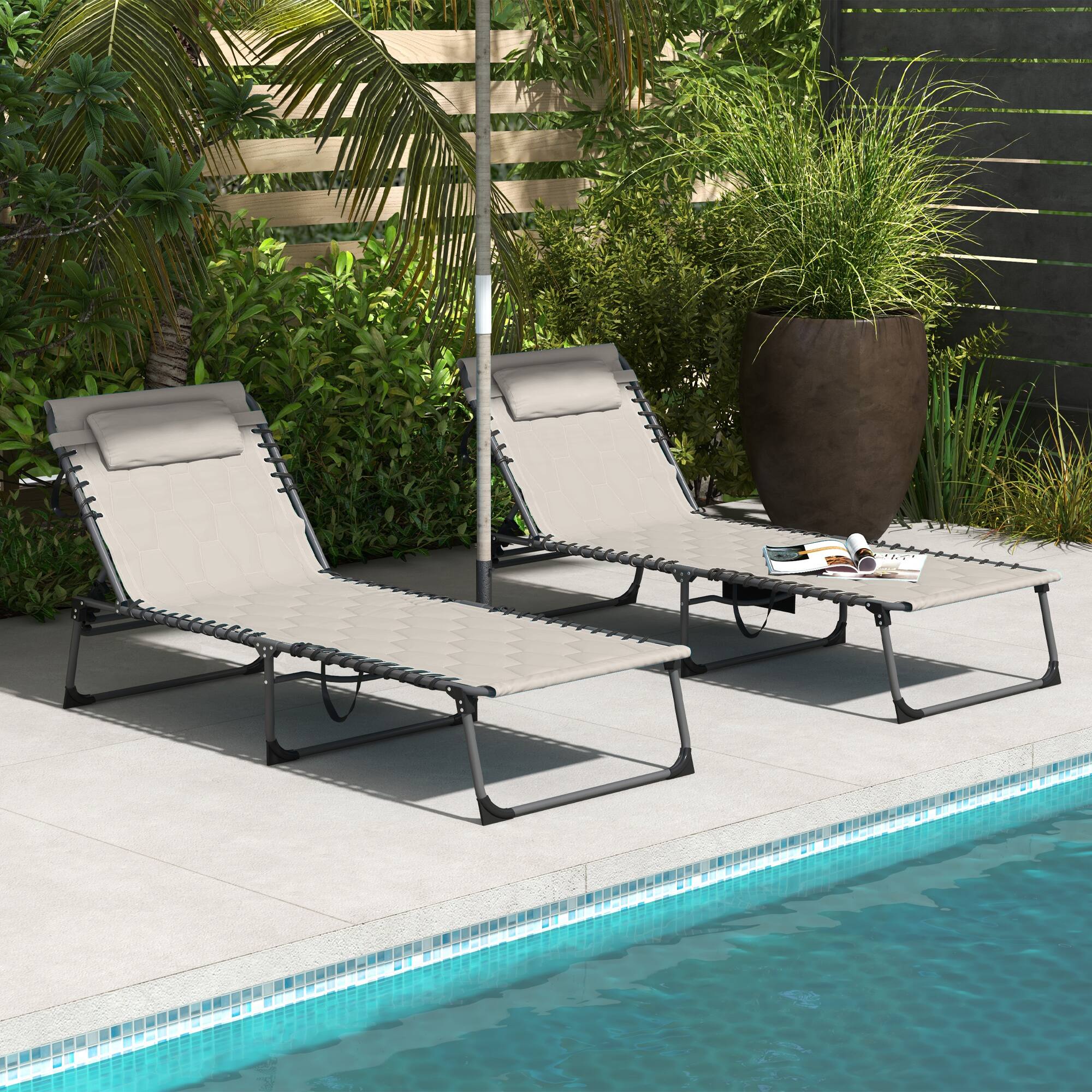 Alt View 1. Outsunny - Folding Chaise Lounge Set of 2 with 5-level Reclining Back, Outdoor Lounge Tanning Chair with Padded Seat - Khaki.