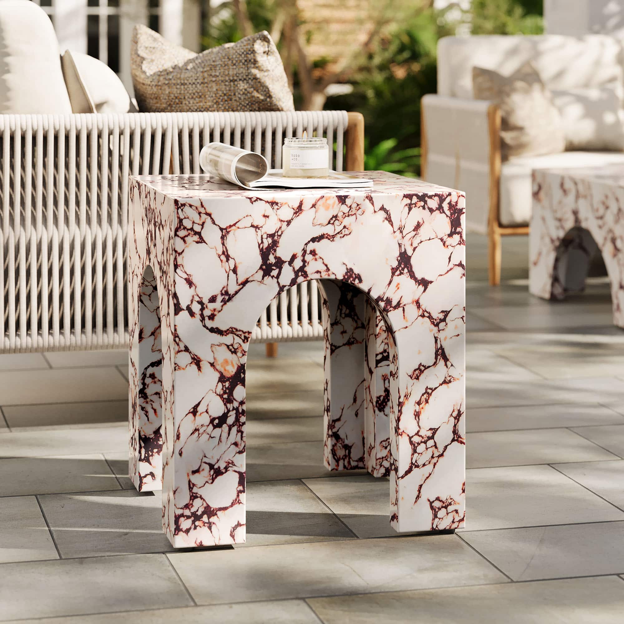 Valen Square Indoor - Outdoor Patio Arched Concrete Side Table by Modway - Red Marble