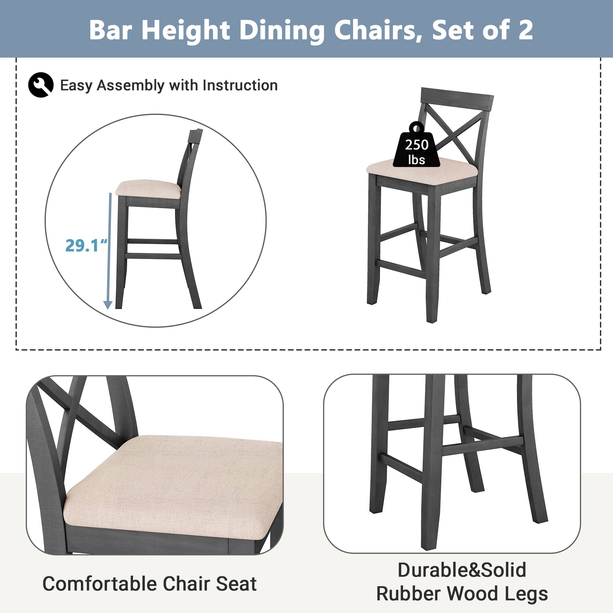 Bar Height Dining Chairs, Set of 2

- Easy Assembly with Instruction
- 29.1" Height
- 250 lbs Weight Capacity
- Comfortable Chair Seat
- Durable & Solid Rubber Wood Legs