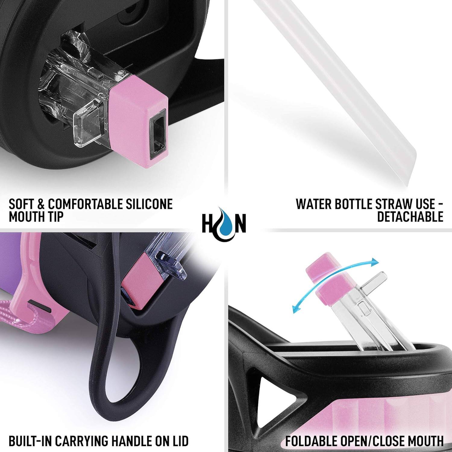 SOFT & COMFORTABLE SILICONE MOUTH TIP  
WATER BOTTLE STRAW USE - DETACHABLE  
BUILT-IN CARRYING HANDLE ON LID  
FOLDABLE OPEN/CLOSE MOUTH