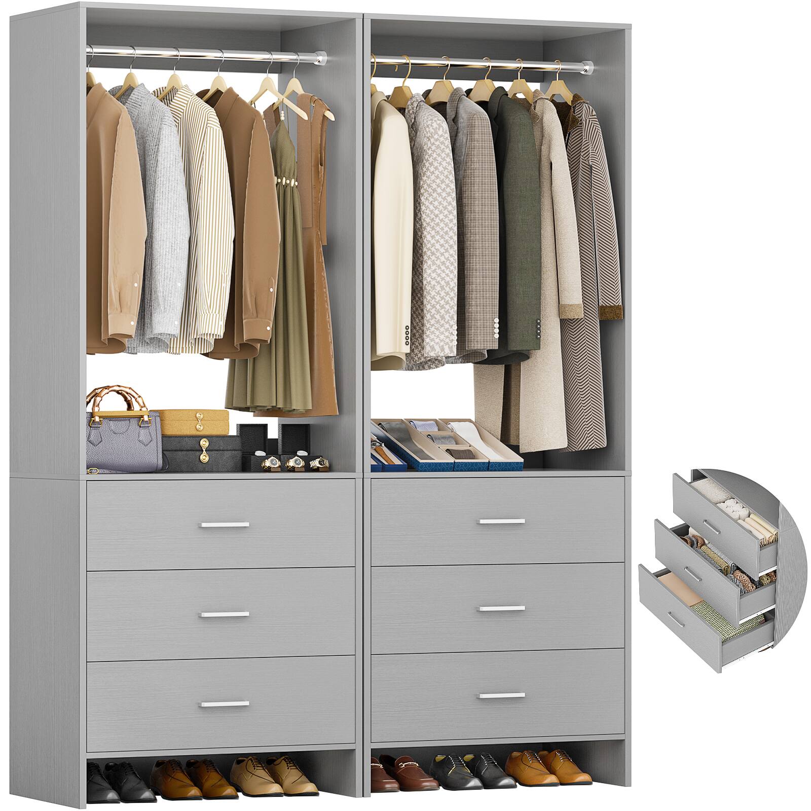 Angle. Aheaplus - 4FT Closet Organizer with Hanging Rods and Drawers, Clothes Rack for Small Space, Set of 2 - Gray.