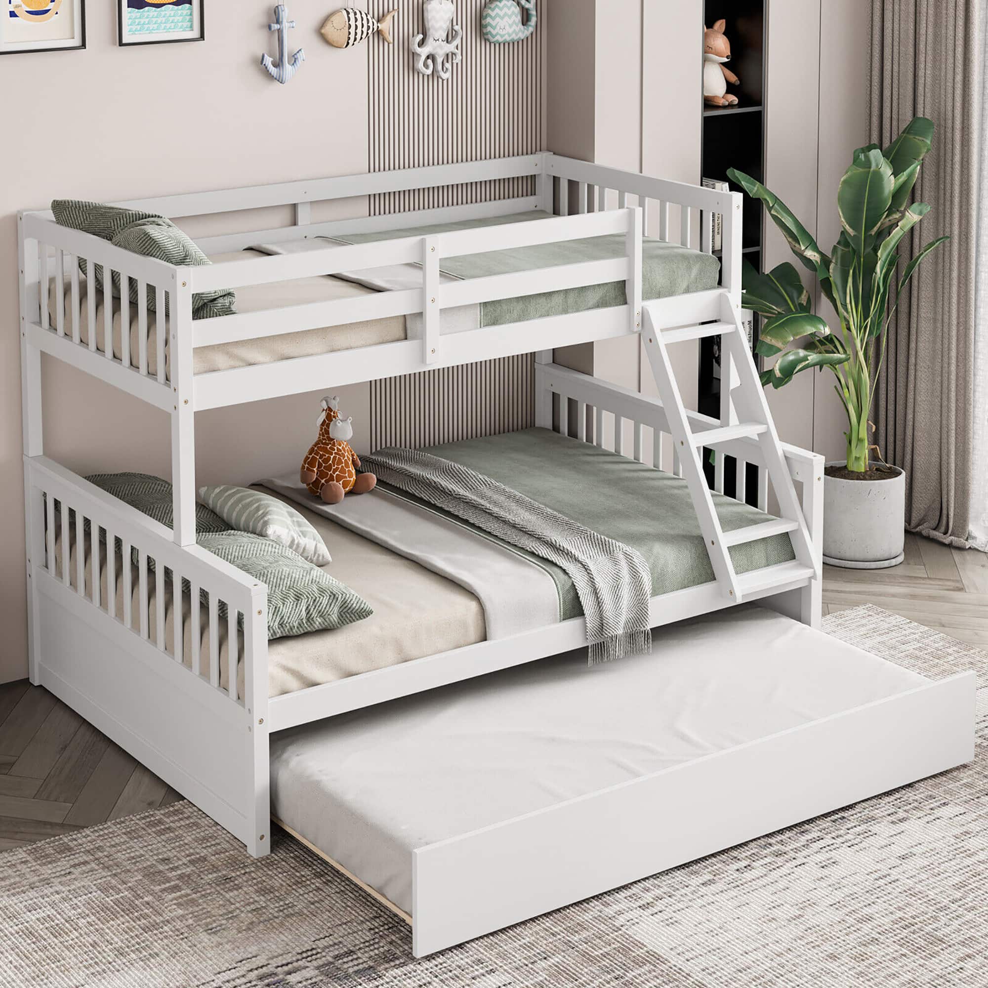 Gymax - Twin Over Full Bunk Bed with Twin Trundle Convertible Platform Bed - White