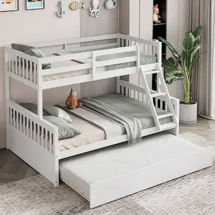 Front. Gymax - Gymax Twin Over Full Bunk Bed with Twin Trundle Convertible Platform Bed White - White.