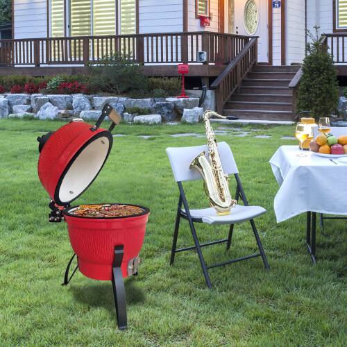 Alt View 8. Winado - Ceramic Grill 13in Round Kamado Charcoal Grill, Portable Barbecue Grill with Thermometer for Outdoor Camping Cooking - Red.