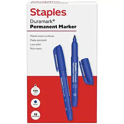Staples Duramark Permanent Marker
Marks most surfaces
Fade resistant
Low odor
Non-toxic
FINE
BLUE
12 MARKERS