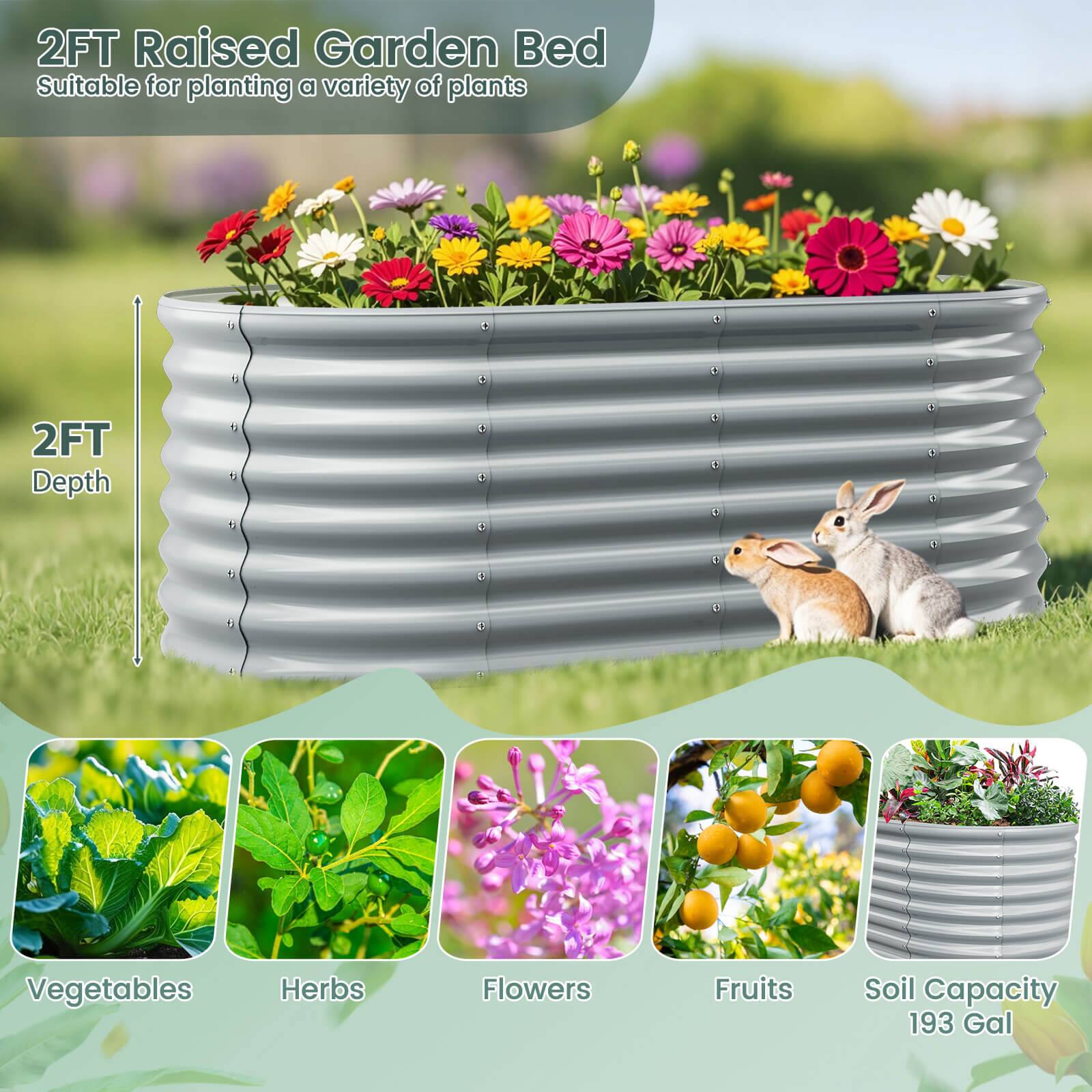 2FT Raised Garden Bed  
Suitable for planting a variety of plants  

2FT Depth  

Vegetables  
Herbs  
Flowers  
Fruits  
Soil Capacity 193 Gal