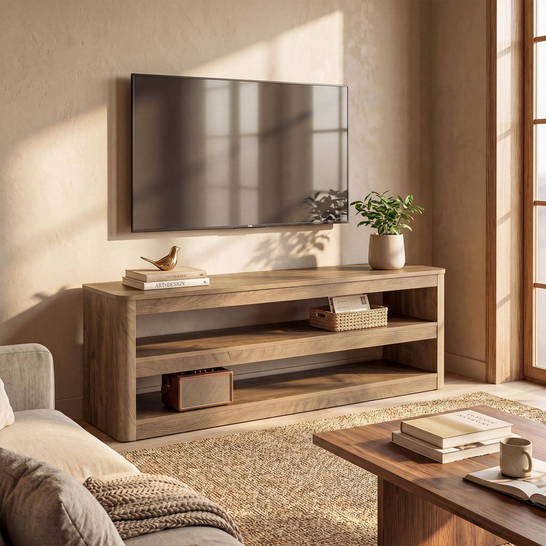 Left. Tribesigns - 55-Inch TV Stand for TVs up to 70 Inches, Farmhouse Entertainment Center with 3 Open Storage Shelves and Rounded Corners - Walnut Brown.