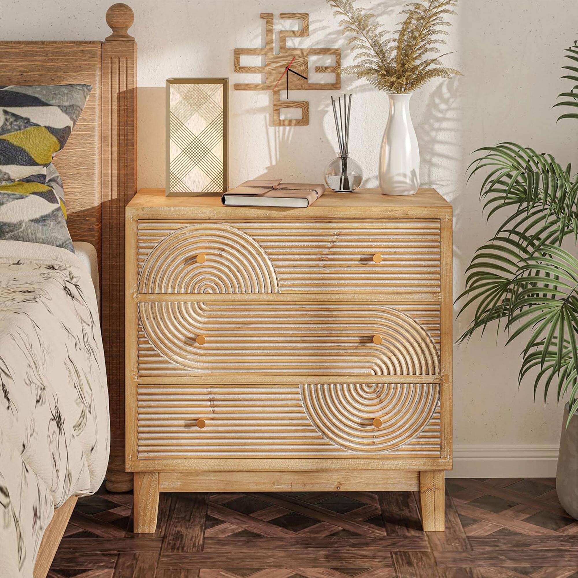 Alt View 4. COZAYH - COZAYH 3-Drawer Farmhouse Dresser, Rustic Ring Motif Nightstand, Natural Wood - Natural Wood.