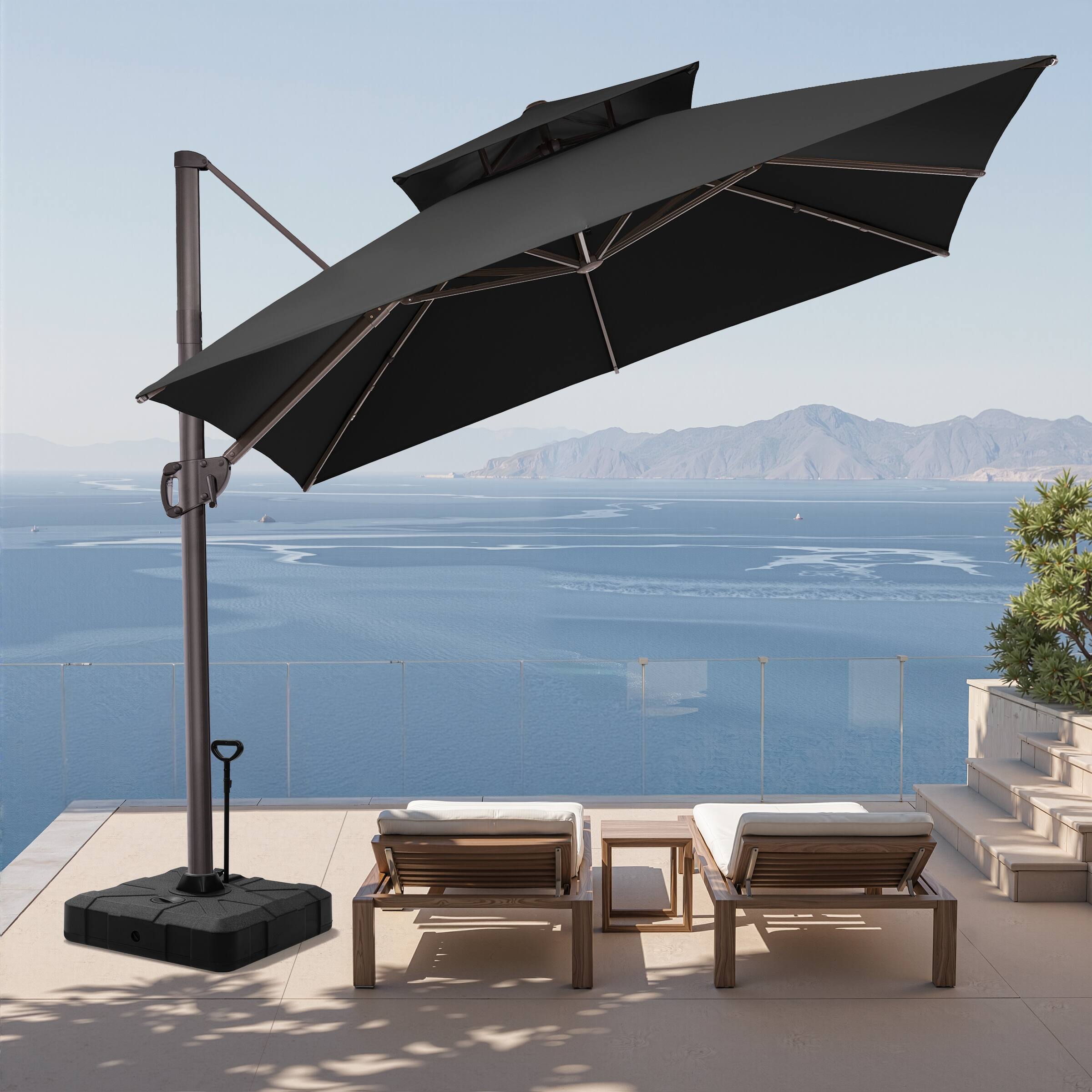 Back. Crestlive Products - Crestlive Products 11x11ft Aluminum Double Top Crank Cantilever Patio Umbrella with Base - Black.