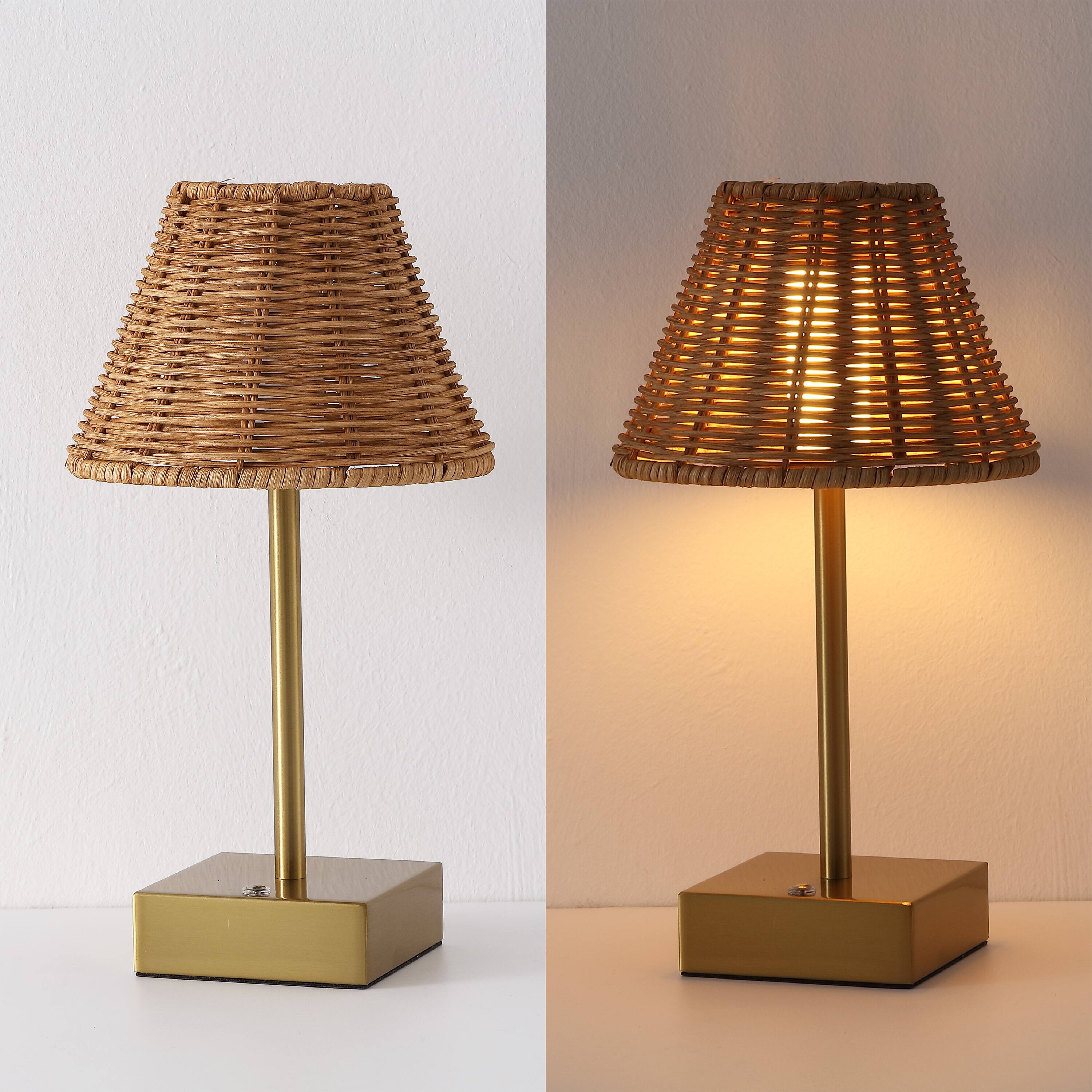 Alt View 5. Jonathan Y - Chester 11.25" Rechargeable Table Lamp Set of 2, Bohemian Brass Gold with Brown Rattan Shade, Touch Dimmable for Bedroom - Brass Gold.