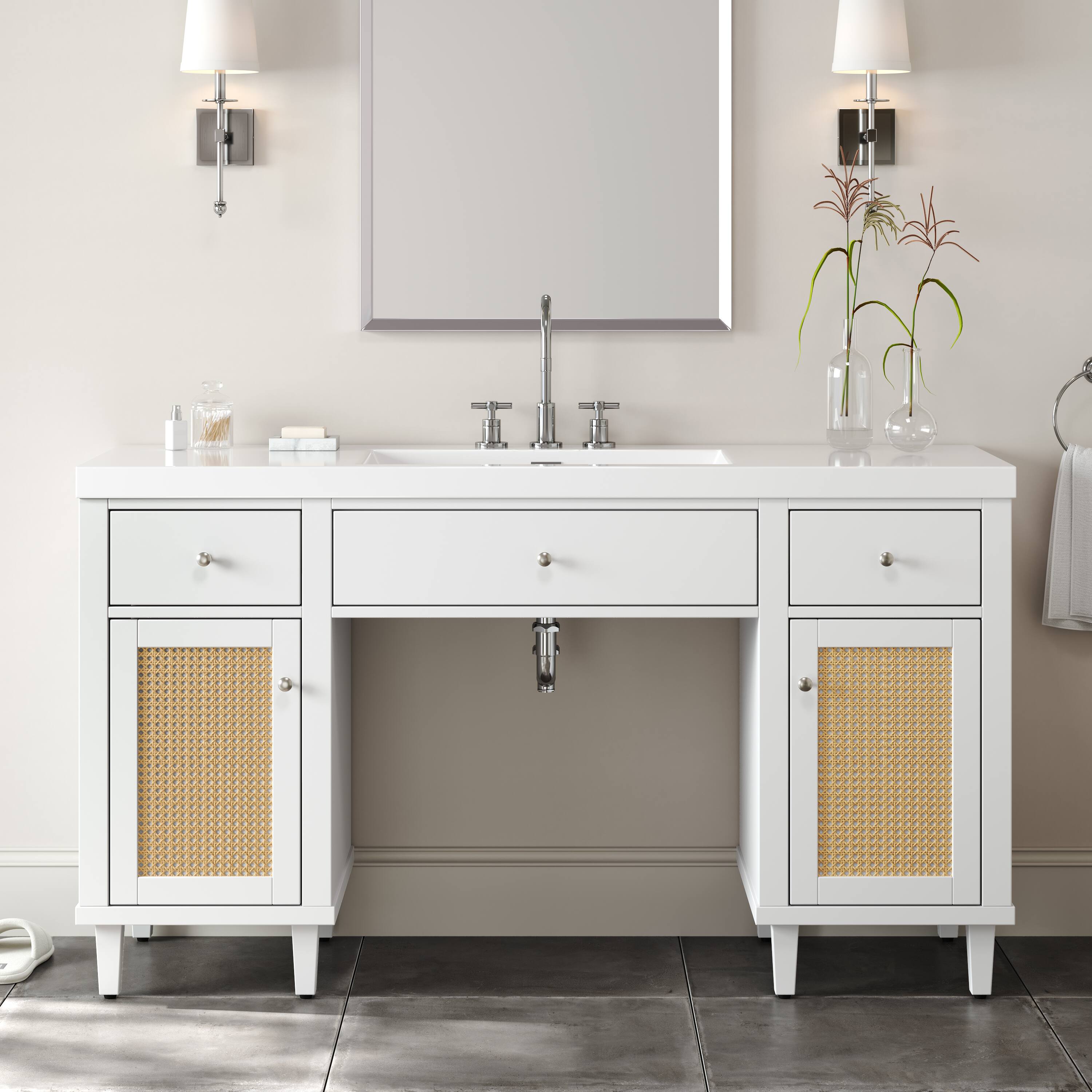 Front. Loheer - 60" Single Sink Bathroom Vanity - Wheelchair-Accessible with 28.35" Knee Space, SMC Sink & Soft-Close Storage - White.