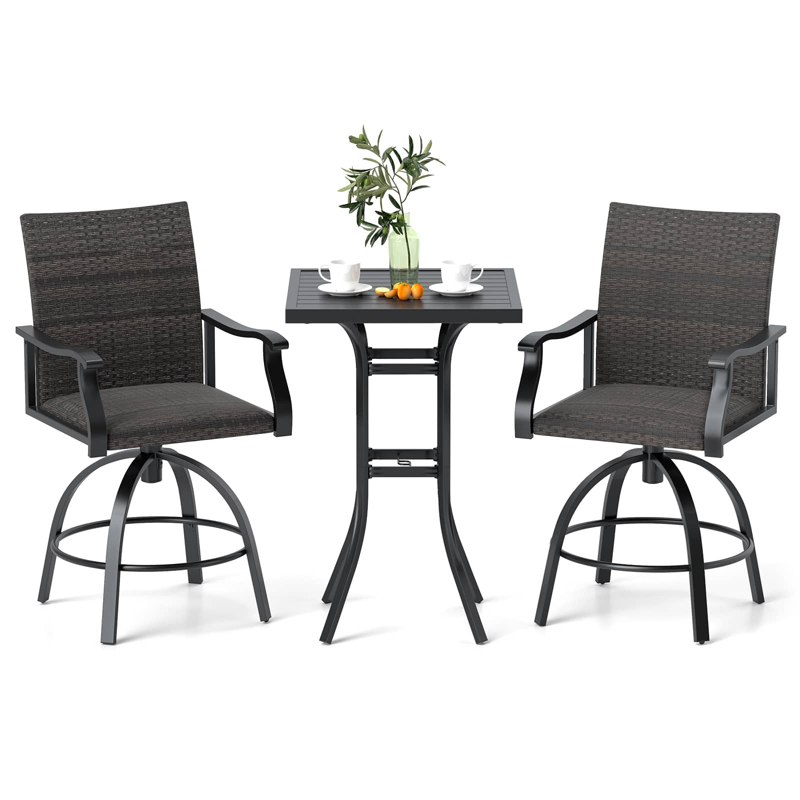Gymax - 3 PCS PE Wicker Patio Swivel Bar Set Table & Chairs w/ Quick-Drying Foam - Mixed Black