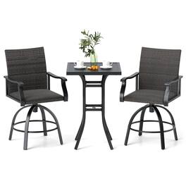Gymax - 3 PCS PE Wicker Patio Swivel Bar Set Table & Chairs w/ Quick-Drying Foam - Mixed Black