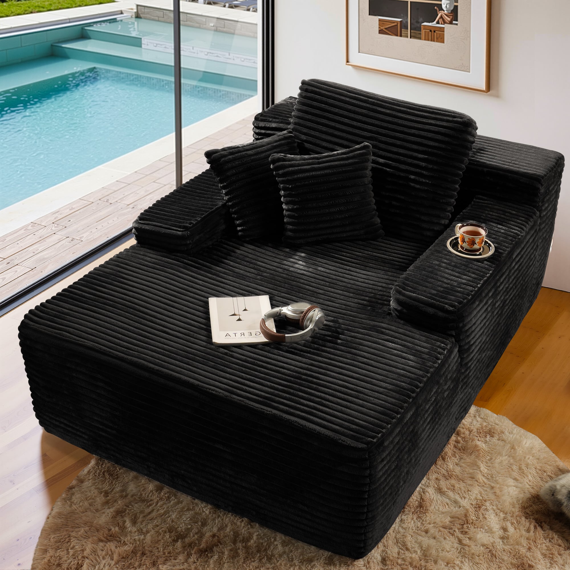 Ovios - 67'' Fluffy Chaise Lounge Chair, Upholstered Sofa Bed, Sleeper Couch for Living Room - Black(Plush Corduroy)