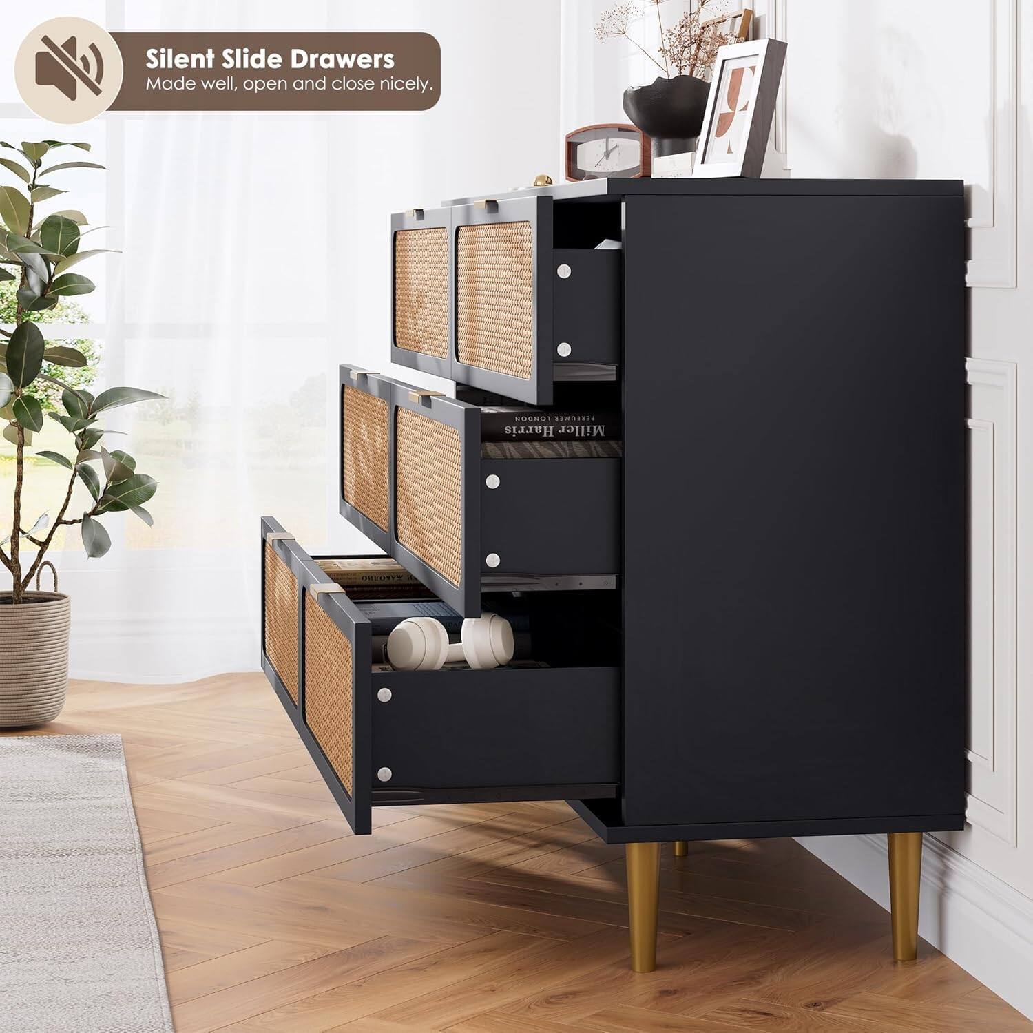 Silent Slide Drawers  
Made well, open and close nicely.  

cMO.. Harris Miller