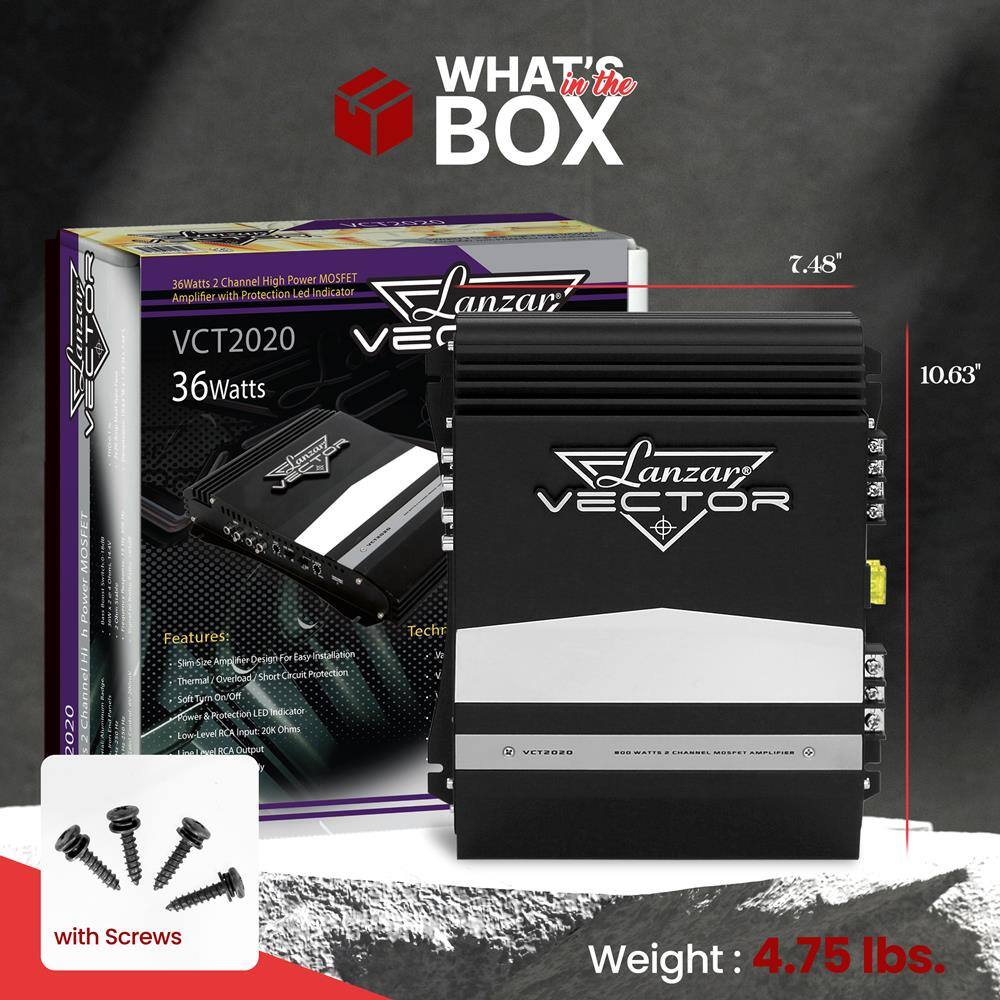 Lanzar VCT2020 VECTOR 36Watts 2 Channel High Power MOSFET Amplifier with Protection LED Indicator

Features:
- Slim Size Amplifier Design for Easy Installation
- Thermal/Overload/Short Circuit Protection
- Soft Turn-On/Off
- Power & Protection LED Indicator
- Low-Level RCA Input: 20K Ohms
- Low-Level RCA Output

Technical Specifications:
- Dimensions: 7.48" x 10.63"
- Weight: 4.75 lbs.
- Includes Screws