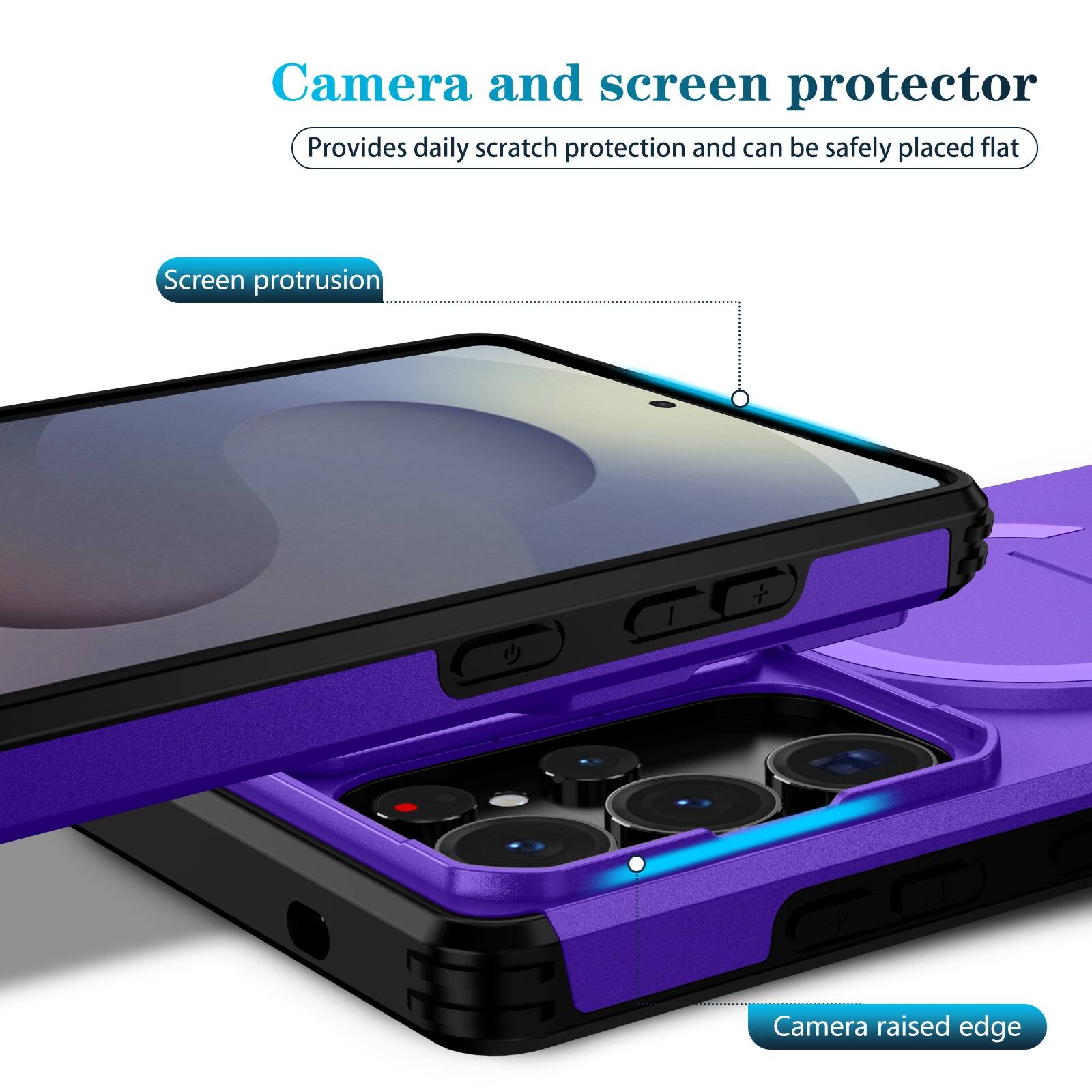 Camera and screen protector  
Provides daily scratch protection and can be safely placed flat  

Screen protrusion  
Camera raised edge