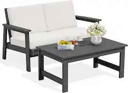 SERWALL - HDPE Outdoor Furniture Set, 2 Piece Outdoor Sofa Set, Havy-duty Weatherproof HDPE Frame with Wood-Like Texture - Grey/Khaki