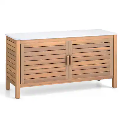 Front. Gymax - Gymax 2-Door Patio Storage Cabinet w/ Faux Marble Top Wooden Sideboard for Deck - Natural, White.