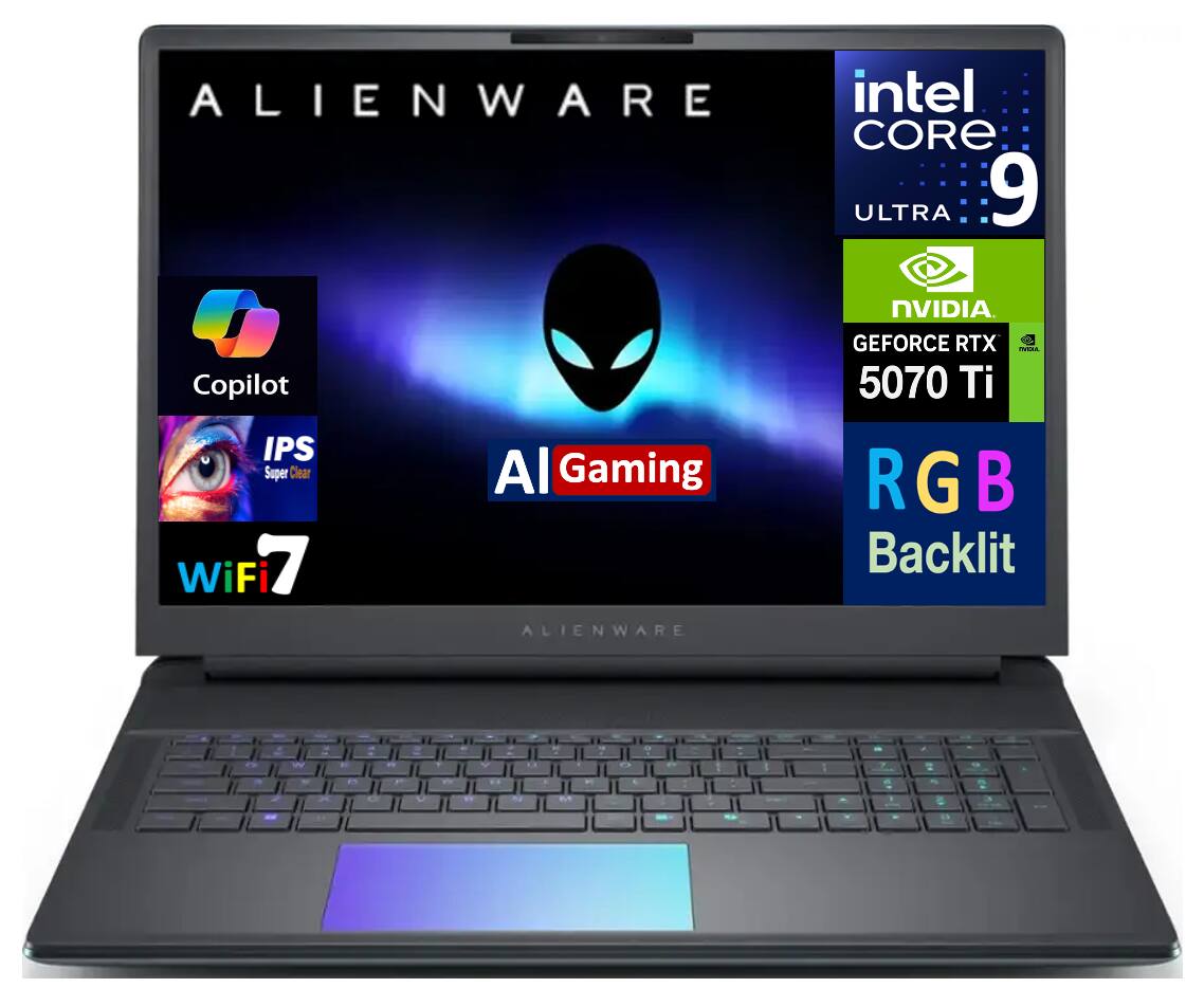 ALIENWARE  
Intel Core Ultra 9  
NVIDIA GeForce RTX 5070 Ti  
RGB Backlit  
Copilot  
IPS Super Clear  
WiFi 7  
AI Gaming