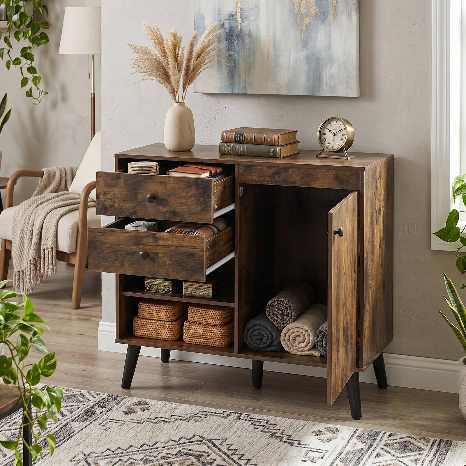 Alt View 3. Costway - Costway 31" Sideboard Credenza Buffet Cabinet with Storage & 2 Open Compartments - Rustic Brown.