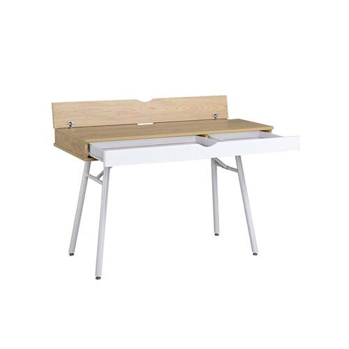 Left. SlickBlue - Modern Laptop Computer Desk with Storage Drawer, Pine Wood Finish - White, Natural.