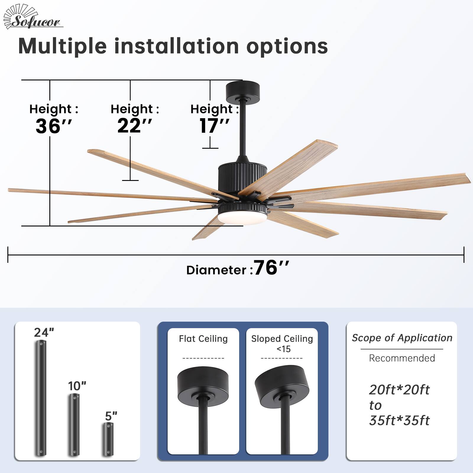 Multiple installation options

Height: 36"
Height: 22"
Height: 17"

Diameter: 76"

Flat Ceiling
Sloped Ceiling <15

Scope of Application
Recommended
20ft*20ft to 35ft*35ft

24"
10"
5"