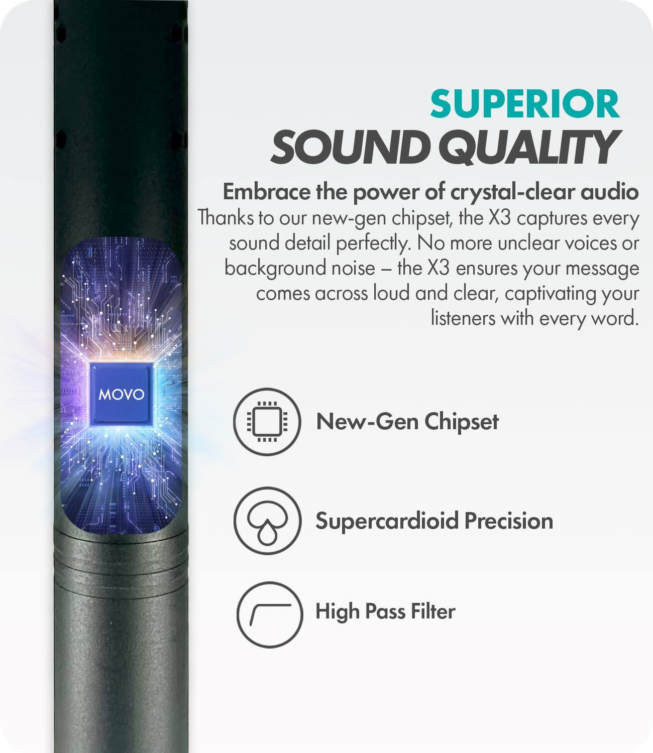 SUPERIOR SOUND QUALITY  
Embrace the power of crystal-clear audio  
Thanks to our new-gen chipset, the X3 captures every sound detail perfectly. No more unclear voices or background noise - the X3 ensures your message comes across loud and clear, captivating your listeners with every word.

MOVO  
New-Gen Chipset  
Supercardioid Precision  
High Pass Filter