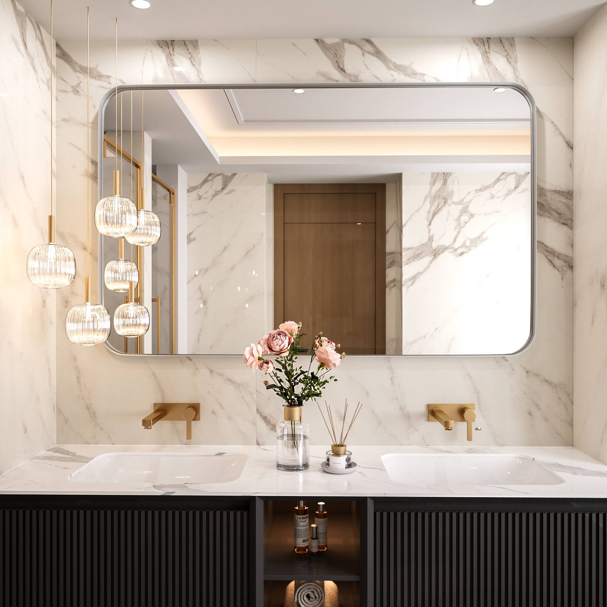 Left. LOVMOR - Tempered Glass Rounded Rectangle Framed Wall-Mounted Bathroom Vanity Mirror - 48" x 30" - Silver.