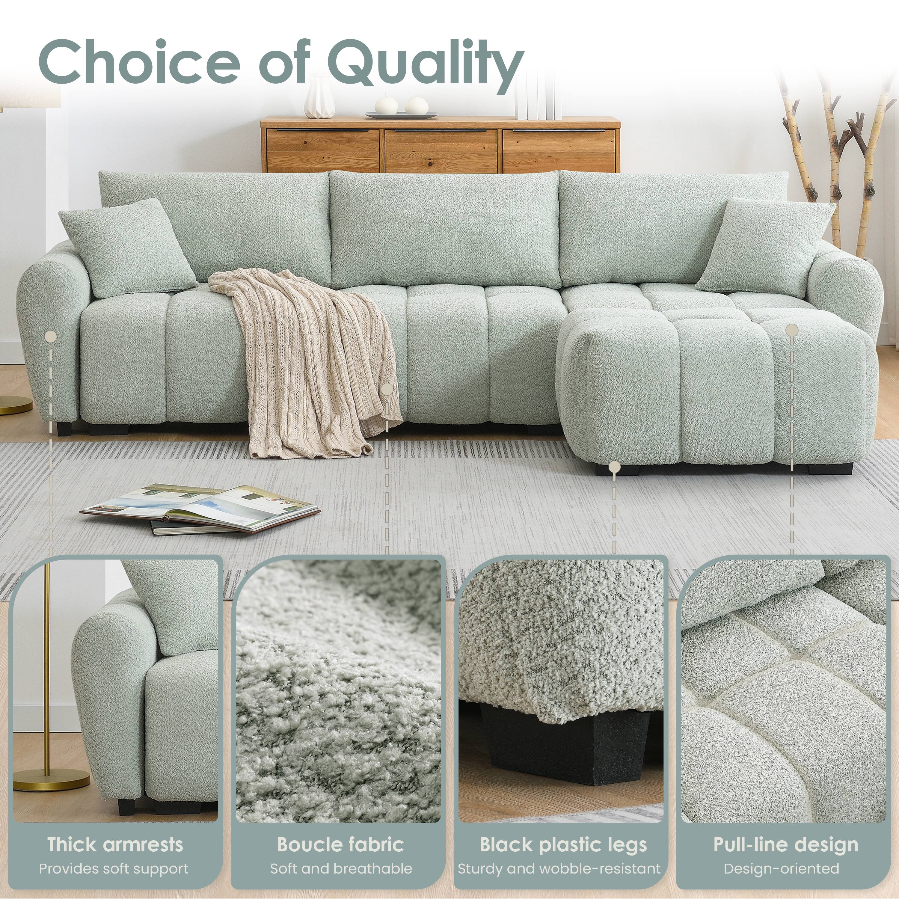 Choice of Quality

- Thick armrests: Provides soft support
- Boucle fabric: Soft and breathable
- Black plastic legs: Sturdy and wobble-resistant
- Pull-line design: Design-oriented