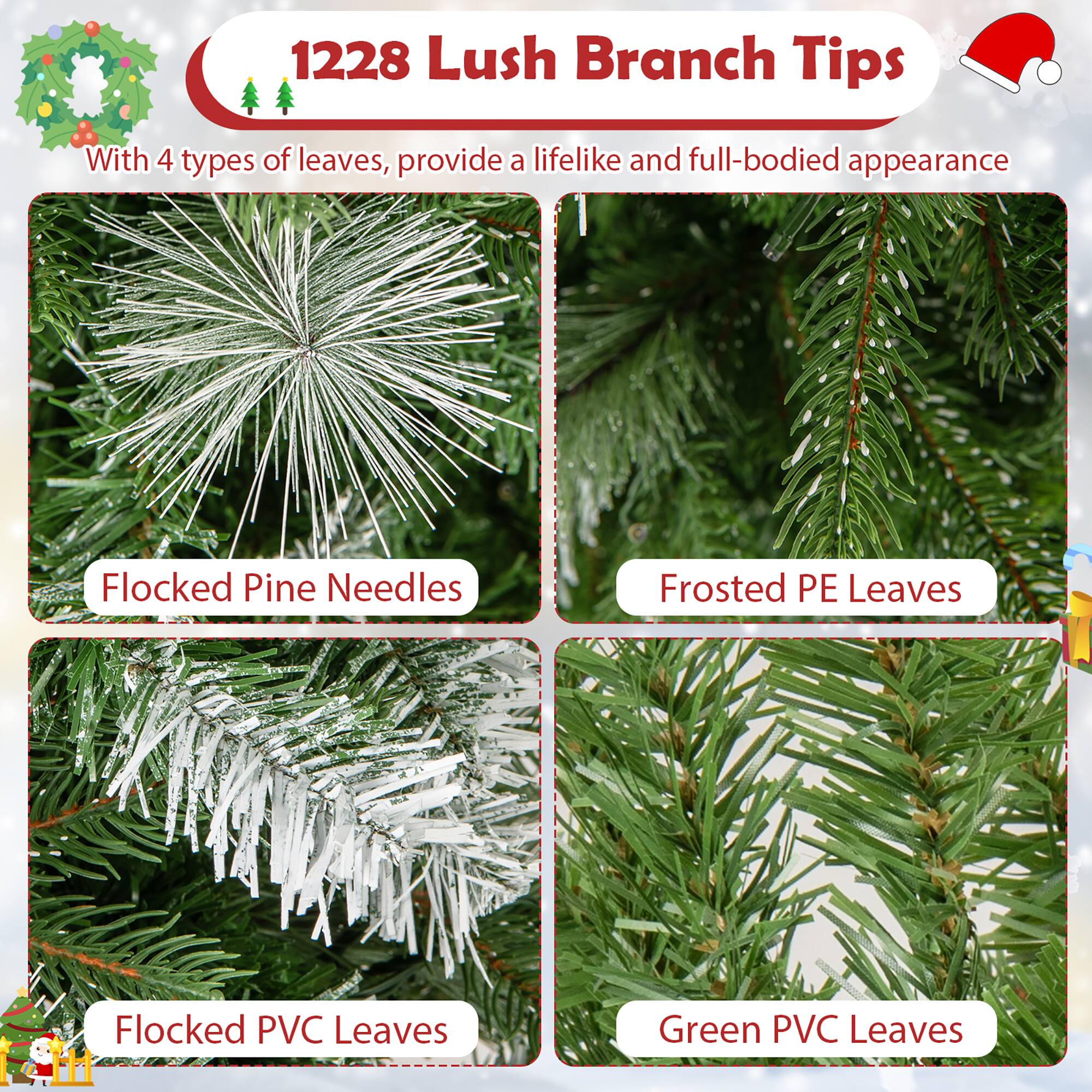 1228 Lush Branch Tips

With 4 types of leaves, provide a lifelike and full-bodied appearance

- Flocked Pine Needles
- Frosted PE Leaves
- Flocked PVC Leaves
- Green PVC Leaves