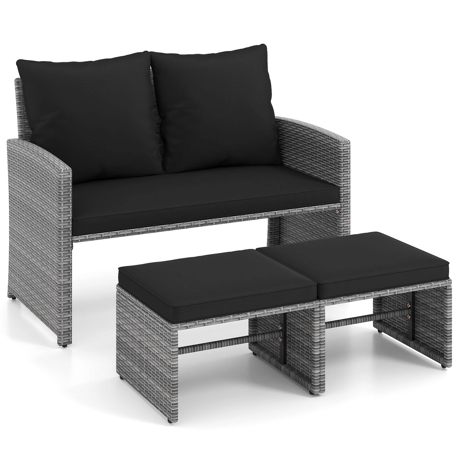 Alt View 1. Costway - Costway Outdoor Loveseat with Ottomans, 3 Pieces Patio PE Wicker Furniture Set with Cushions - Mix Gray + Black.