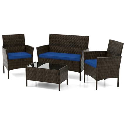 Front. Pefilos - 4 Pieces Patio PE Rattan Conversation Set with Cozy Seat Cushions, Conversation Set with Ergonomic Backrest and Curved - Blue.