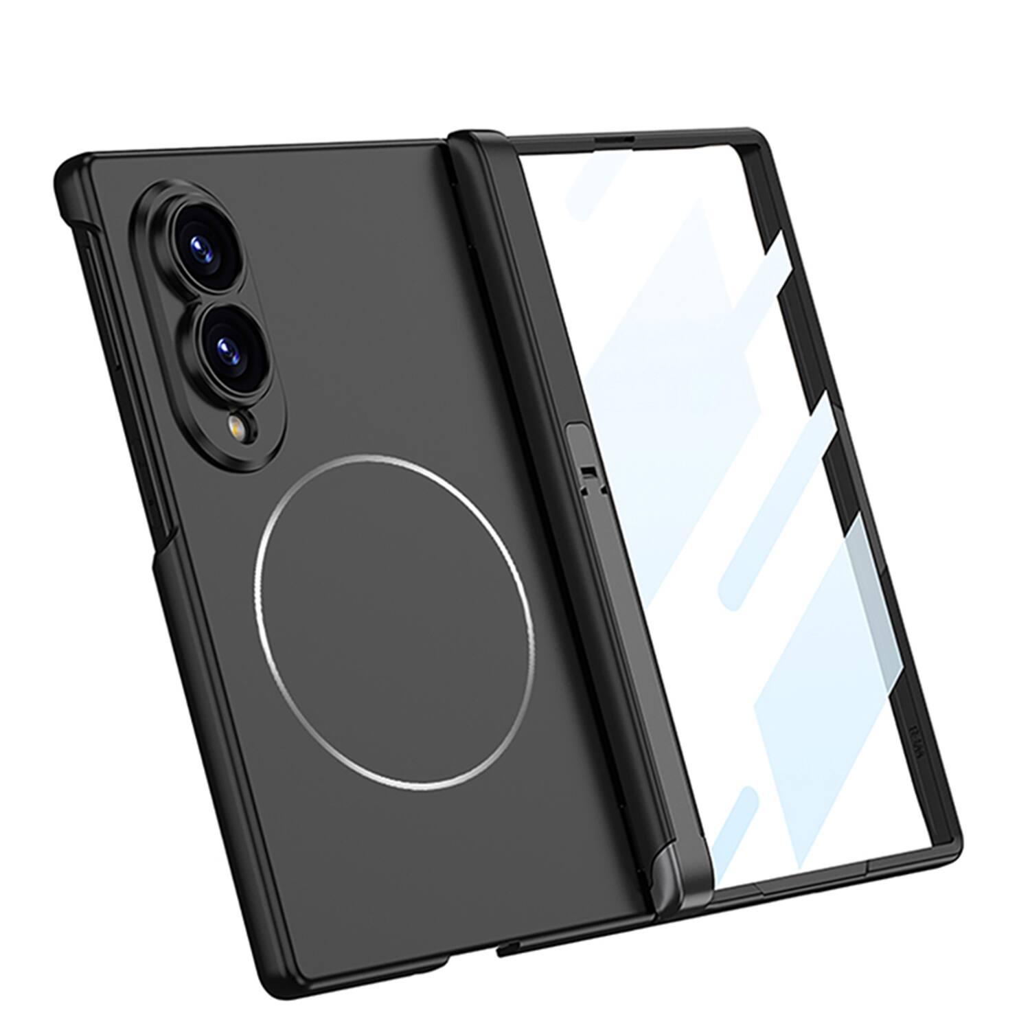 Back. Dteck - Rugged Magnetic Case for Samsung Galaxy Z Fold8 with Kickstand, Shockproof Hinge Protective Cover Built in Screen Glass - Black.