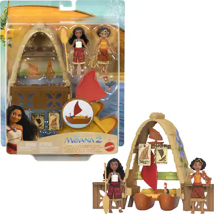 The text on the image is:
"MOANA 2
WARNING ATTENTION
DANGER DE TOUFFEMENT
SET DE JEU DE TAILLER DE MOANE Y SOTO
MATTEL
CONJUNTO DE OFICINA DE LOTÉ DE MOANA"
This text is a warning and description for the Moana 2 toy set.