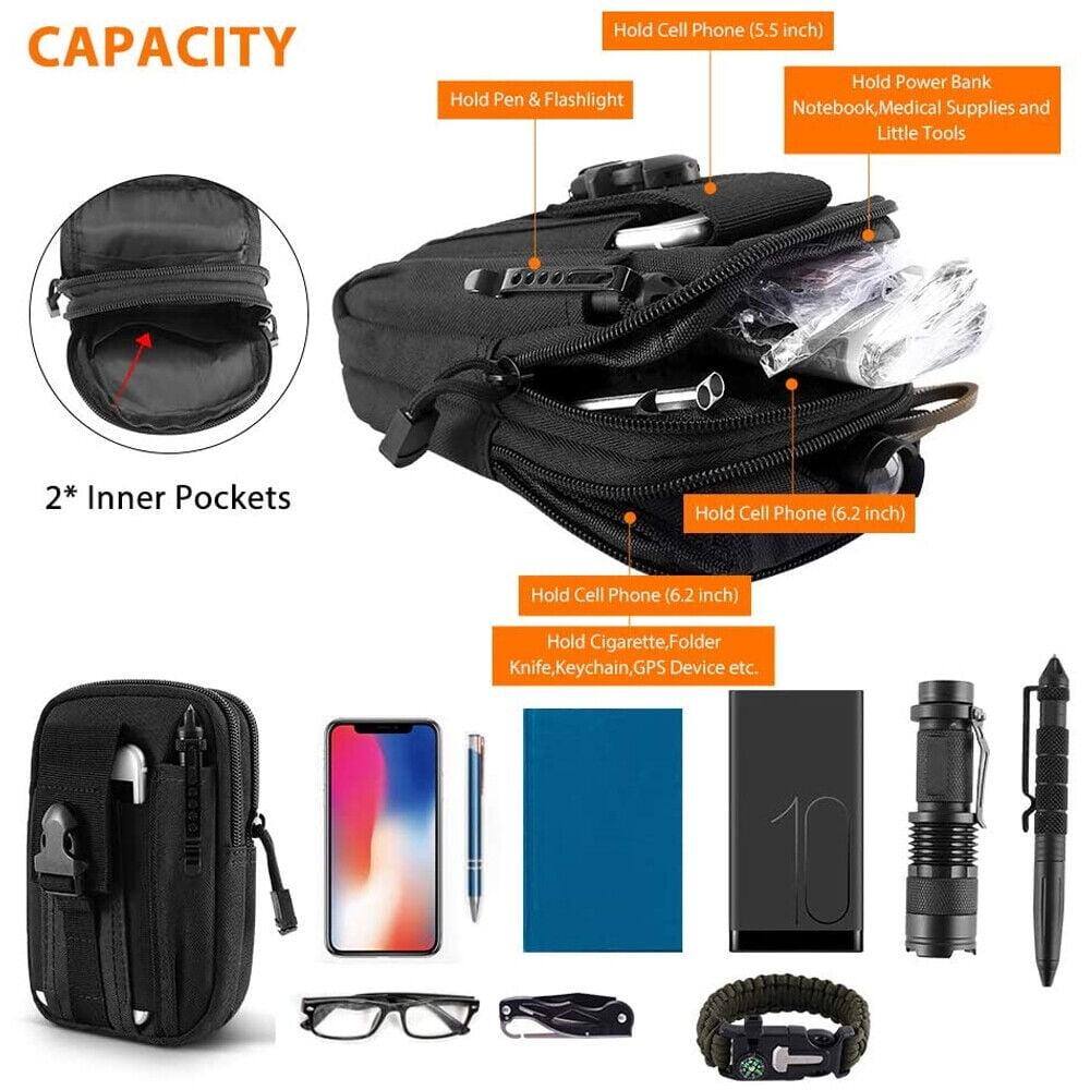 **CAPACITY**

- Hold Cell Phone (5.5 inch)
- Hold Power Bank
- Notebook, Medical Supplies and Little Tools
- Hold Cell Phone (6.2 inch)
- Hold Cigarette, Folder Knife, Keychain, GPS Device etc.
- Hold Pen & Flashlight
- 2* Inner Pockets