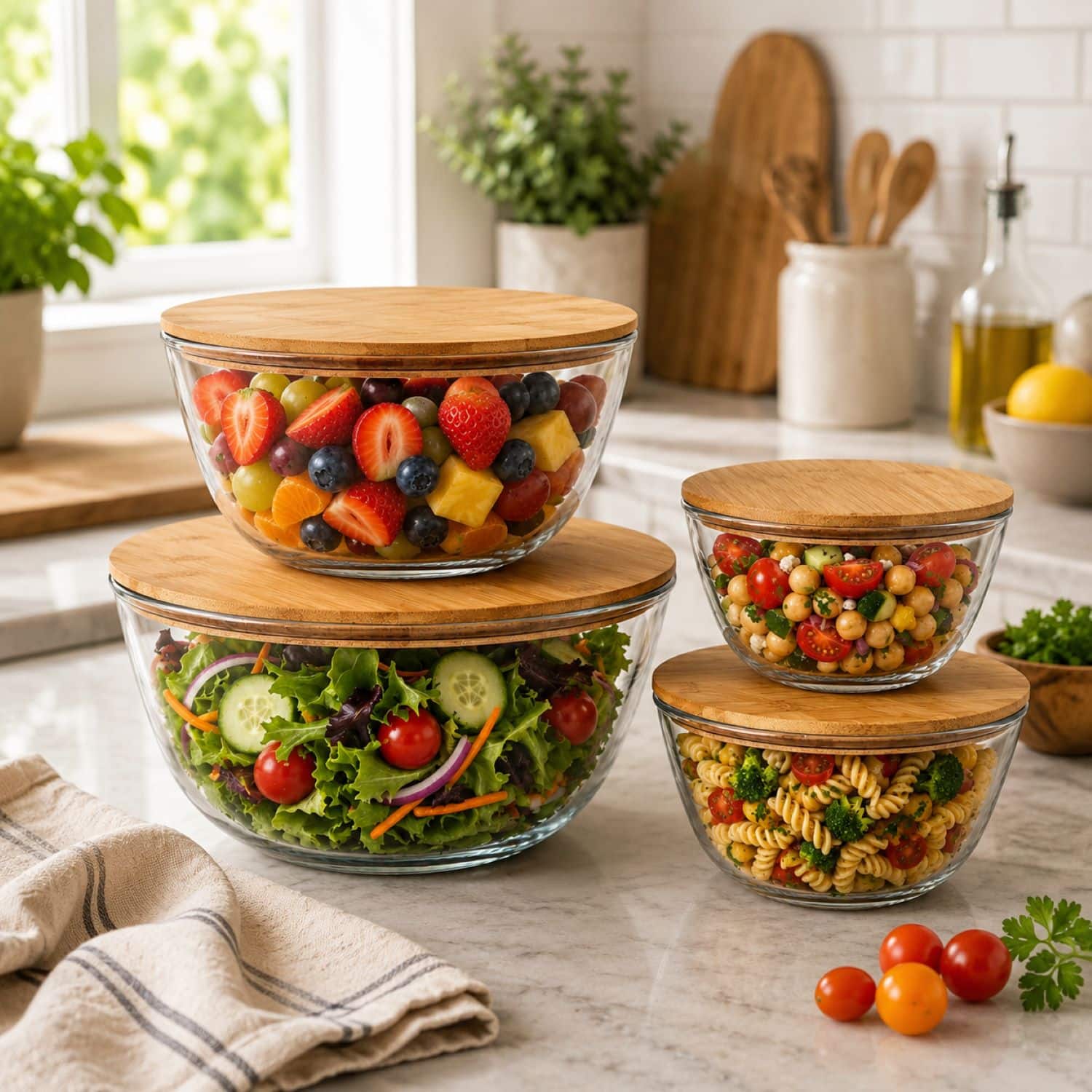 Sorbus 4 Piece Glass Bowl Set with Airtight Bamboo Lids, Mixing