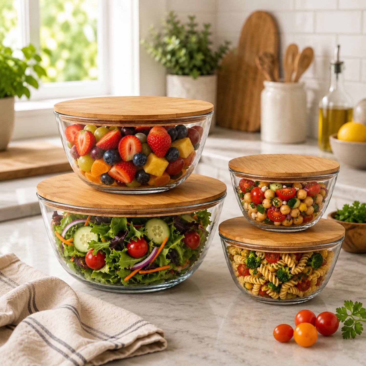 Left. Sorbus - Sorbus 4-Piece Glass Bowl Set with Airtight Bamboo Lids, Mixing & Storage Bowls, Microwave, Dishwasher & Freezer Safe.
